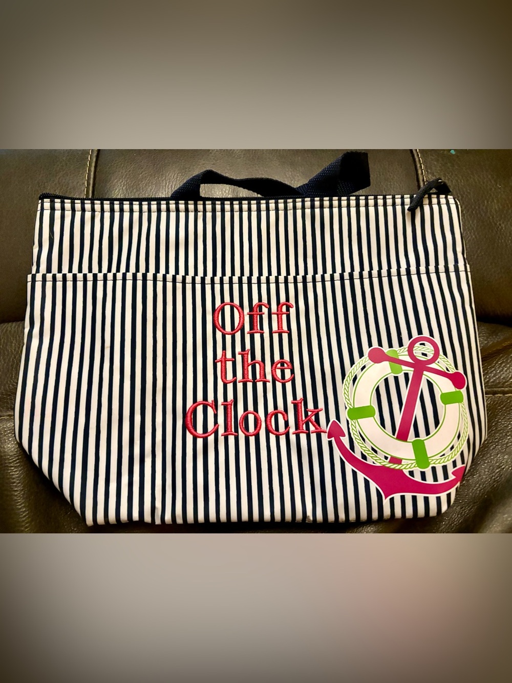 Striped Navy & White Tote with Pink Embroidered 'Off the Clock'